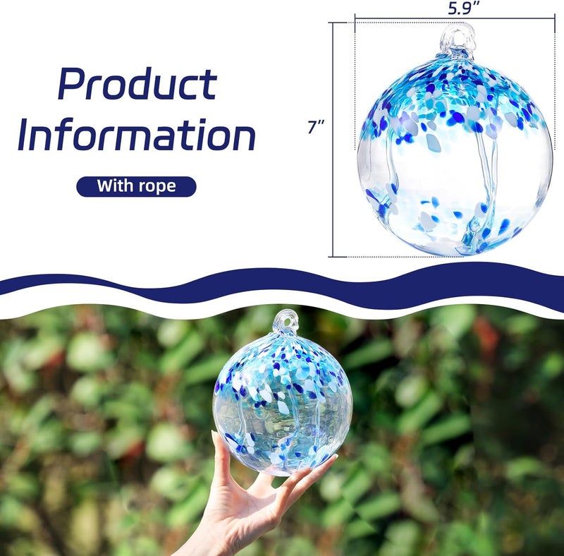 VOREEN 6" Hanging Glass Garden Gazing Ball Hand Blown Glass Witch Ball Christmas Ornament Friendship Balls for Outdoor Garden Patio Window Home Décor, Gift for Mom Wife Friend, Blue - Image 4
